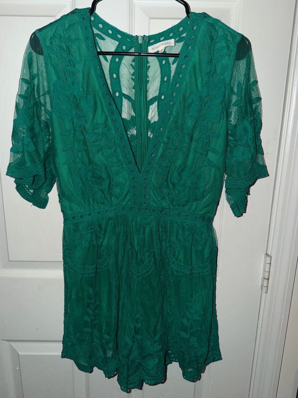 Honey Punch Teal Lace Embroidered Romper